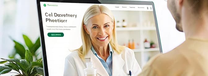 Desktop monitor showing a medical clinic website template with a physician portrait.