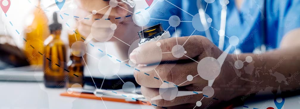 Clinician holding a medicine bottle overlaid with a digital medical network network graphic.