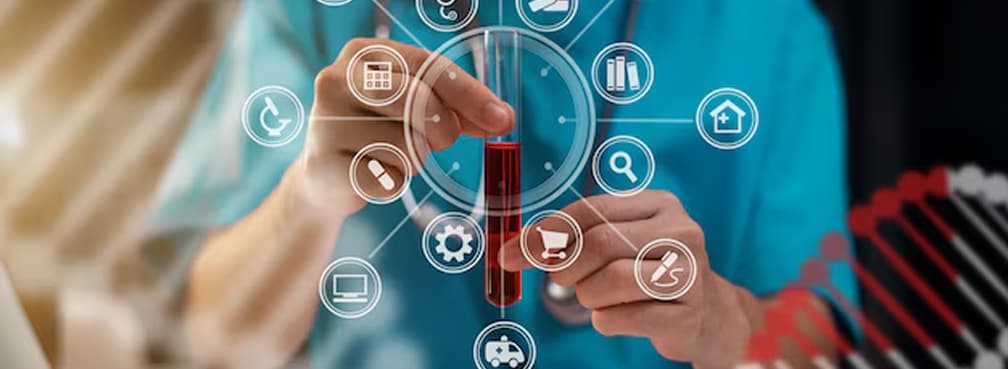 Clinician holding a red blood vial behind floating digital icons representing medical data.