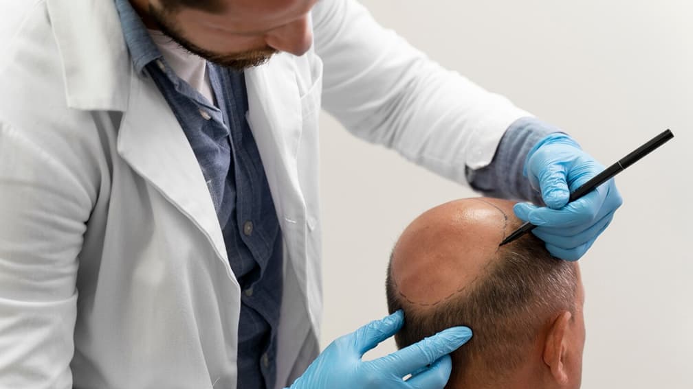 Medical professional marking a patient's scalp ahead of a surgical hair transplant.
